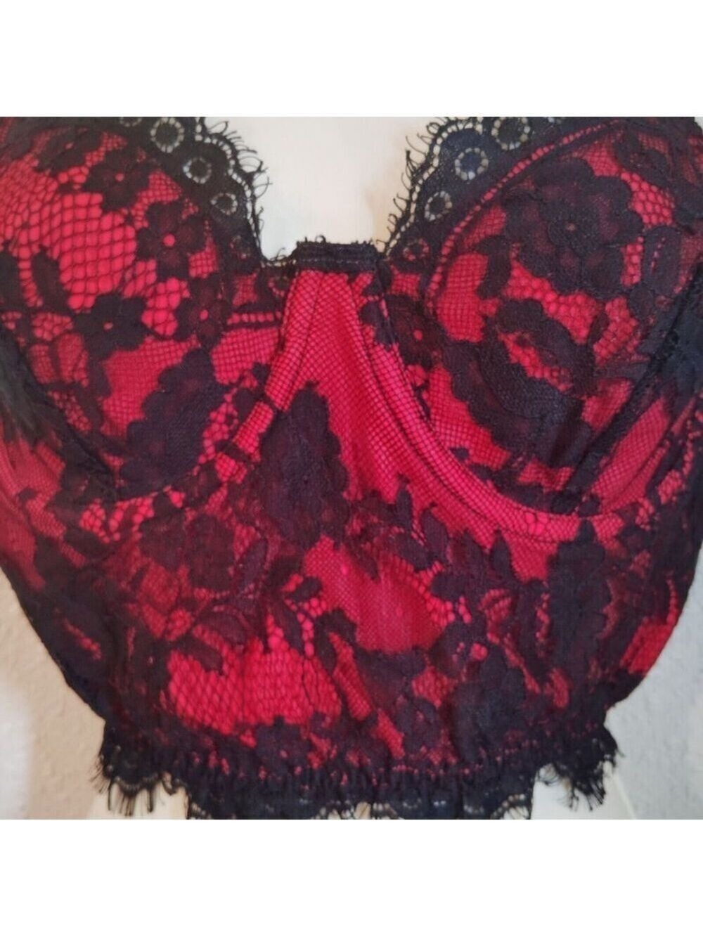 Romwe Women’s Large Red Black Lace Bustier Crop Top Underwire Sheer Mesh adjust - Picture 3 of 7